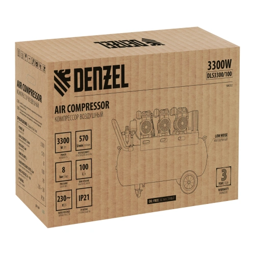 Компрессор безмасляный, малошумный DLS 3300/100, 3300 Вт,3x1100, 100 л, 570 л/мин ,блок управления Denzel по ценам производителя в Москве с доставкой по всей России
