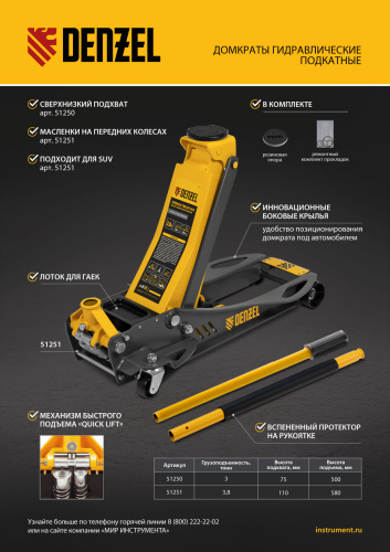 Домкрат гидравлический подкатной, 3,8 т, 110-580 мм, быстрый подъем, низкий подхват, проф. Denzel по ценам производителя в Москве с доставкой по всей России