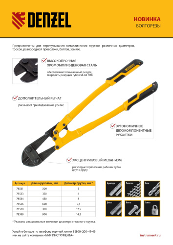 Болторез 300 мм 12", Cr-Mo Denzel по ценам производителя в Москве с доставкой по всей России