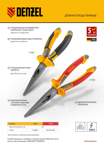 Длинногубцы прямые, диэлектрические рукоятки до 1000 В, трехкомпонентные рукоятки, 205мм Denzel по ценам производителя в Москве с доставкой по всей России