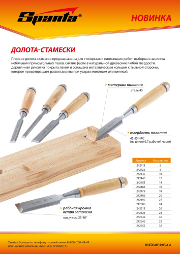 Долото-стамеска 24 мм, деревянная рукоятка Sparta по ценам производителя в Москве с доставкой по всей России