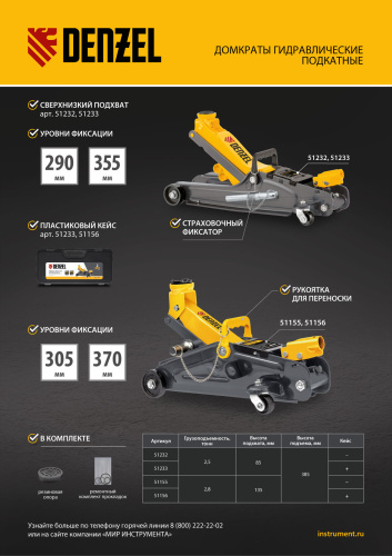 Домкрат гидравлический подкатной с фиксатором, 2,8 т, 135-385 мм Denzel по ценам производителя в Москве с доставкой по всей России