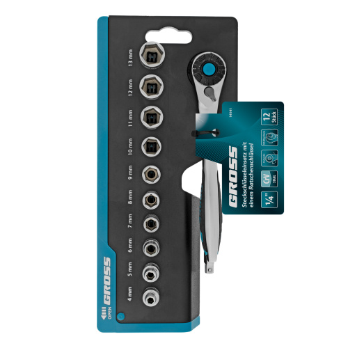 Набор торцевых головок, трещотка 120 зубьев, 1/4", CrV, 12 предметов Gross по ценам производителя в Москве с доставкой по всей России