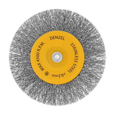 Щетка для дрели 100 мм, Плоская, со шпилькой, нержавеющая витая проволока Denzel по ценам производителя в Москве с доставкой по всей России