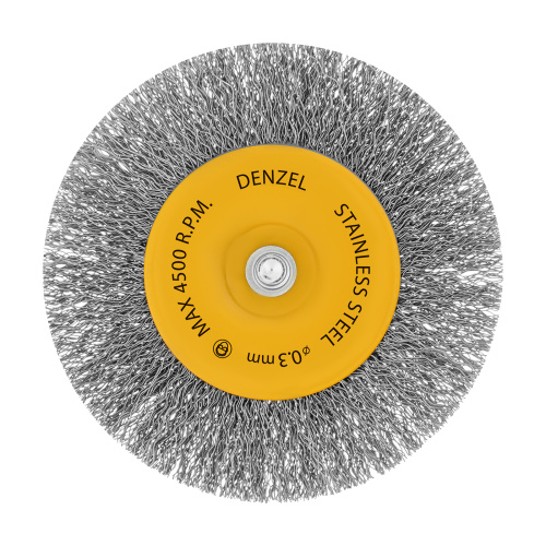 Щетка для дрели 100 мм, Плоская, со шпилькой, нержавеющая витая проволока Denzel по ценам производителя в Москве с доставкой по всей России