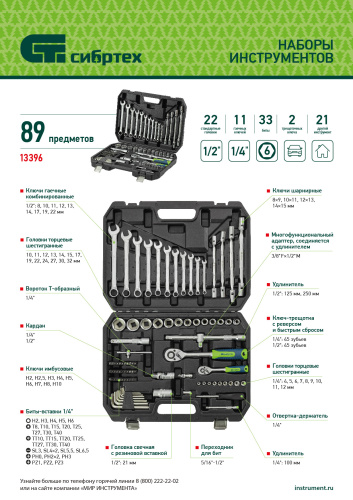Набор инструментов, 1/2", 1/4", пластиковый кейс 89 предметов Сибртех по ценам производителя в Москве с доставкой по всей России
