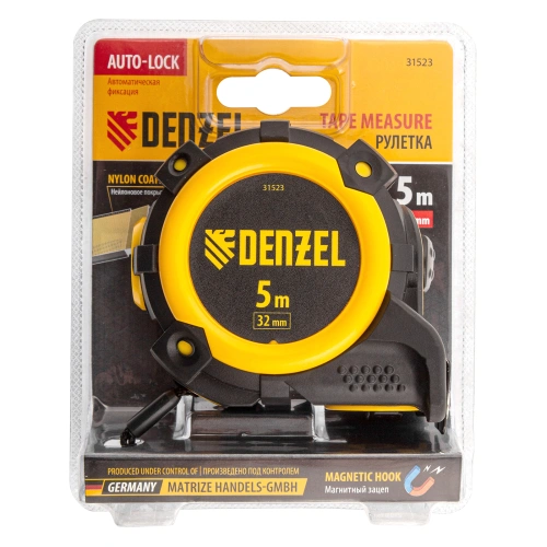Рулетка 5м х 32мм, автоматич. фиксац., нейлон. покрытие, магнит. зацеп, двухстор. разметка Denzel по ценам производителя в Москве с доставкой по всей России