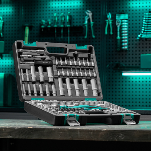 Набор инструментов 1/2", 1/4", CrV, 12 гранные головки, пластиковый кейс, 109 предмета Stels по ценам производителя в Москве с доставкой по всей России