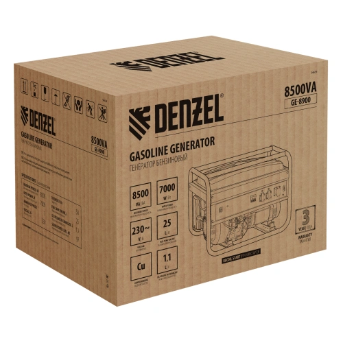 Генератор бензиновый GE 8900, 8.5 кВт, 220 В/50 Гц, 25 л, ручной старт Denzel по ценам производителя в Москве с доставкой по всей России