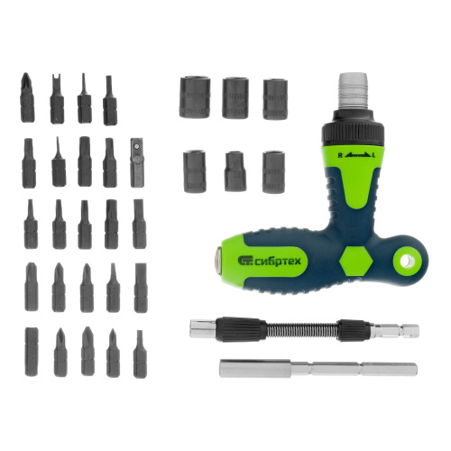 Отвертка Т-образная реверсивная с набором бит, торцевых головок, 33 предмета, CrV Сибртех по ценам производителя в Москве с доставкой по всей России