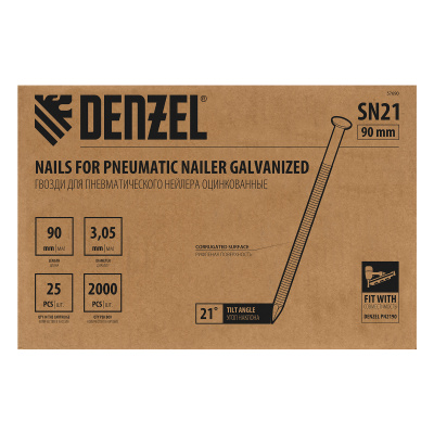 Гвозди для пнев. нейлера (оцинк.) длина - 90 мм, диам. - 3,05 мм, 2000 шт. Denzel по ценам производителя в Москве с доставкой по всей России