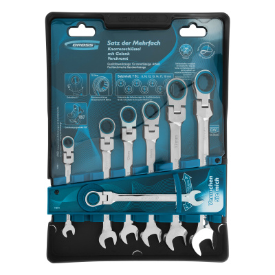 Набор ключей комбинированных с трещоткой, 8-19 мм, 7 шт, шарнирные, CrV Gross по ценам производителя в Москве с доставкой по всей России