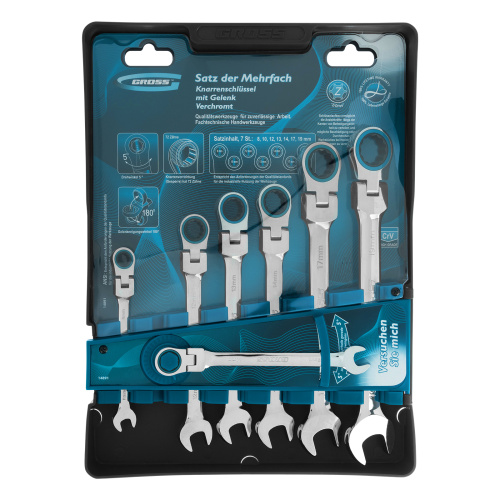 Набор ключей комбинированных с трещоткой, 8-19 мм, 7 шт, шарнирные, CrV Gross по ценам производителя в Москве с доставкой по всей России