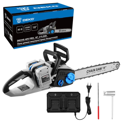 Пила цепная аккумуляторная бесщеточная DEKO DKCHS 40V PRO, 18", 2х20В, 2x5.0Ач, двойное з/у купить в Москве с доставкой по всей России | ProtosMarket.ru