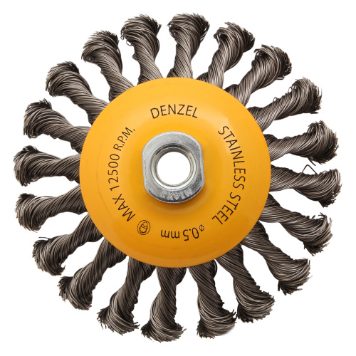 Щетка для УШМ, 125 мм, "Тарелка", крученая нержавеющая проволока 0.5 мм, М14 Denzel по ценам производителя в Москве с доставкой по всей России