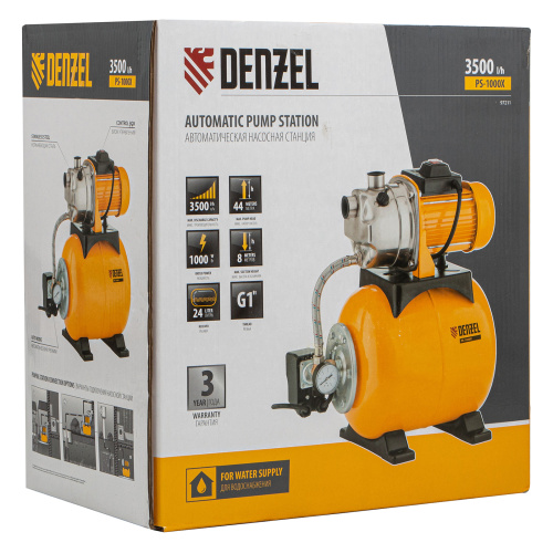 Насосная станция PS1000Х, 1000 Вт, 3500 л/ч, ресивер 24 л, подъем 44 м, нержавейка Denzel по ценам производителя в Москве с доставкой по всей России