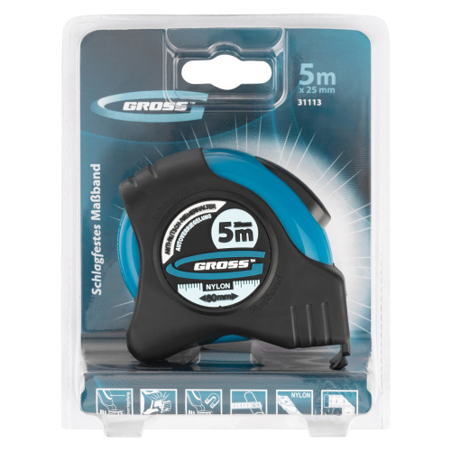 Рулетка "Schlagfest",5 м x 25 мм,магнитный обрезиненный зацеп,двусторонняя шкала,Нейлоновое покрытие,автоматическая фиксация Gross по ценам производителя в Москве с доставкой по всей России