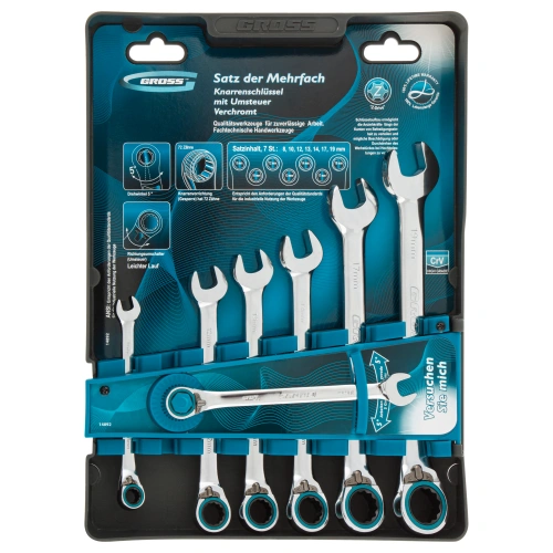 Набор ключей комбинированных с трещоткой, 8-19 мм, 7 шт, реверсивные, CrV Gross по ценам производителя в Москве с доставкой по всей России