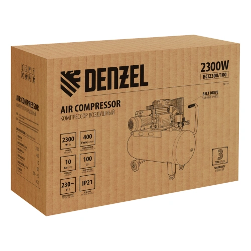 Компрессор воздушный BCI2300/100, ременный привод, 2.3 кВт, 100 литров, 400 л/мин Denzel по ценам производителя в Москве с доставкой по всей России