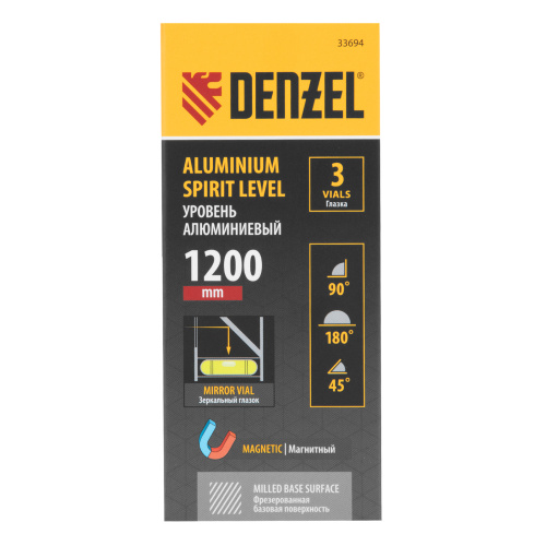 Уровень алюминиевый, магнит, фрезерованный, 3 глазка (1 зеркал.) 0,5 мм/м, 1200 мм Denzel по ценам производителя в Москве с доставкой по всей России