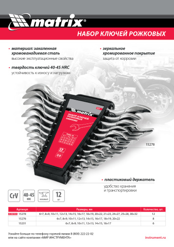 Набор ключей рожковых, 6 х 32 мм, 12 шт., CrV, хромированные Matrix по ценам производителя в Москве с доставкой по всей России