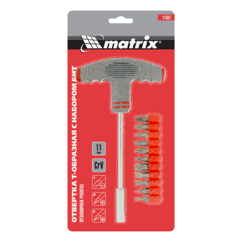 Отвертка с Т-образной эргономичной ручкой и набором бит, 11 шт, CrV Matrix по ценам производителя в Москве с доставкой по всей России