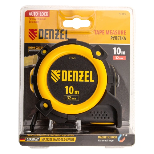 Рулетка 10м х 32мм, автоматич. фиксац., нейлон. покрытие, магнит. зацеп, двухстор. разметка Denzel по ценам производителя в Москве с доставкой по всей России