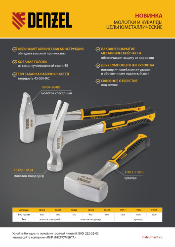 Молоток-гвоздодер 350 г, цельнометаллический, двухкомпонентная рукоятка Denzel по ценам производителя в Москве с доставкой по всей России