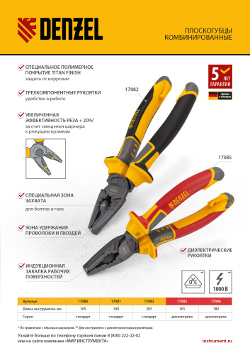 Плоскогубцы комбинированные, диэлектрические трехкомпонентные рукоятки до 1000 В, 165 мм Denzel по ценам производителя в Москве с доставкой по всей России