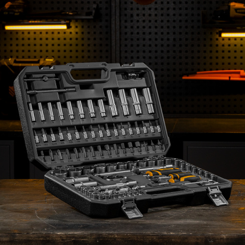 Набор инструментов, 1/2", 1/4", CrV, S2, пластиковый кейс, 94 предмета Denzel по ценам производителя в Москве с доставкой по всей России