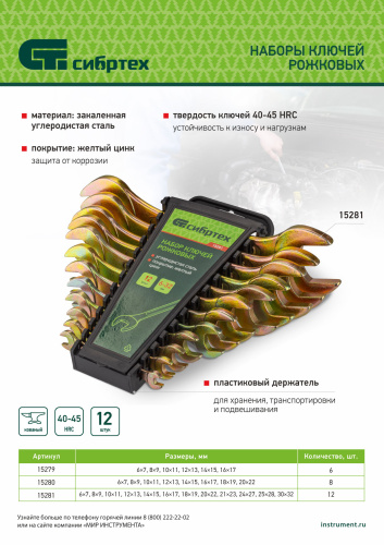 Набор ключей рожковых 6-32 мм, 12 шт, желтый цинк Сибртех по ценам производителя в Москве с доставкой по всей России