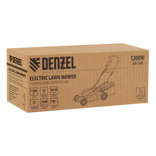 Газонокосилка электрическая GM-1200, 1200 Вт, ширина 32 см, 3 уровня, травосборник 25 л. Denzel по ценам производителя в Москве с доставкой по всей России