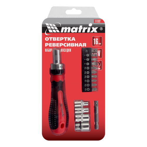 Отвертка реверсивная с набором бит и насадок торцевых, CrV, 1/4, 16 шт Matrix по ценам производителя в Москве с доставкой по всей России
