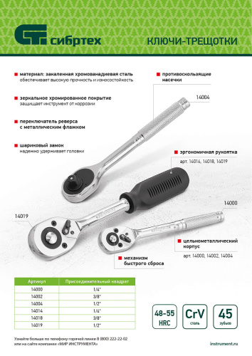 Ключ-трещотка 1/4", 45 зубьев, цельнометаллический, с быстрым сбросом, CrV, хром Сибртех по ценам производителя в Москве с доставкой по всей России