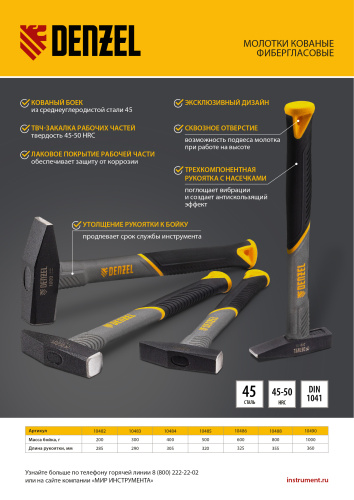 Молоток слесарный, 1000 г, кованый, фибергласовая рукоятка c TPR покрытием Denzel по ценам производителя в Москве с доставкой по всей России