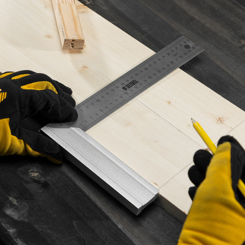 Угольник стальной 300 мм, нержавеющая сталь, градуировка, алюминиевое основание Denzel по ценам производителя в Москве с доставкой по всей России