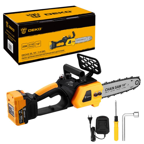 Пила цепная аккумуляторная бесщеточная DEKO DKCHS 20, 10", 20В, 1x4.0Ач, з/у купить в Москве с доставкой по всей России | ProtosMarket.ru