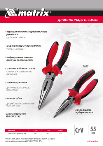 Длинногубцы прямые, 160 мм, хром-ванадий, двухкомпонентные рукоятки Matrix по ценам производителя в Москве с доставкой по всей России