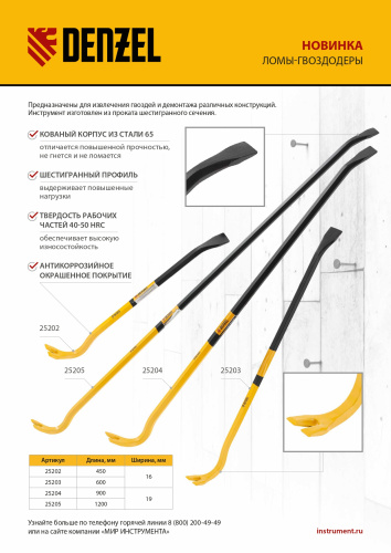 Лом-гвоздодер, 900 мм, шестигранный 19 мм, окрашенный, сталь 65 Denzel по ценам производителя в Москве с доставкой по всей России