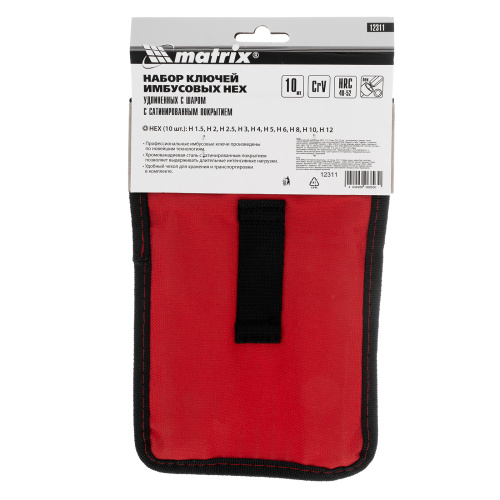 Набор ключей имбусовых HEX, 1.5-12 мм, CrV, 10 шт, удлиненных, шарообразный наконечник, с сатинированным покрытием, чехол Matrix по ценам производителя в Москве с доставкой по всей России
