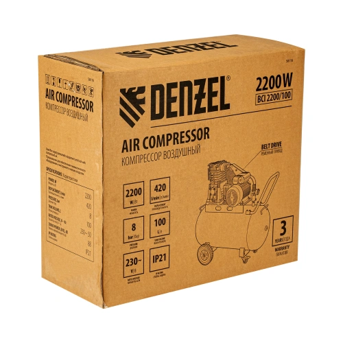 Компрессор воздушный рем. привод BCI 2200/100, 2,2 кВт, 100 литров, 420 л/мин Denzel по ценам производителя в Москве с доставкой по всей России