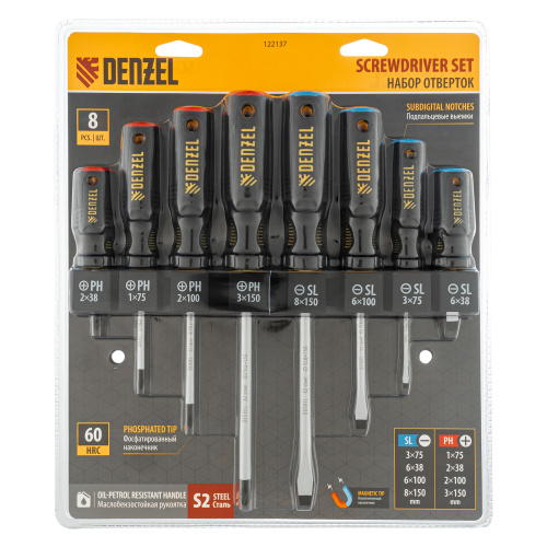 Набор отверток на полке, 8 шт., PH+SL, S2, 3к рукоятка Denzel по ценам производителя в Москве с доставкой по всей России