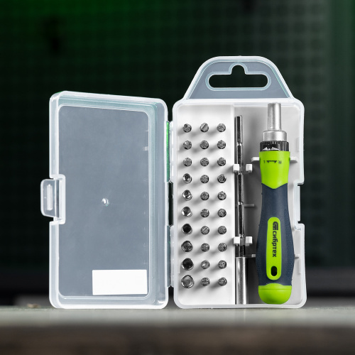 Отвертка реверсивная для точных работ с набором бит и торцевых головок, 32 предмета, CrV Сибртех по ценам производителя в Москве с доставкой по всей России