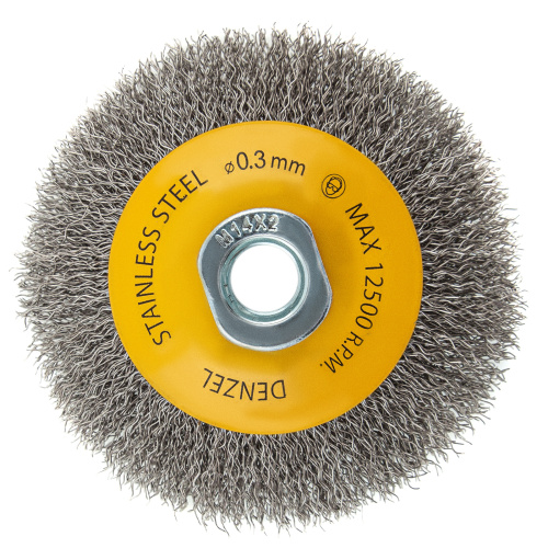 Щетка для УШМ, 100 мм, "Тарелка", витая нержавеющая проволока 0.3 мм, М14 Denzel по ценам производителя в Москве с доставкой по всей России
