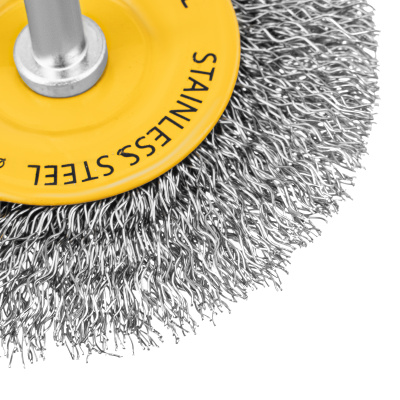 Щетка для дрели, 75 мм, Плоская, со шпилькой, нержавеющая витая проволока Denzel по ценам производителя в Москве с доставкой по всей России