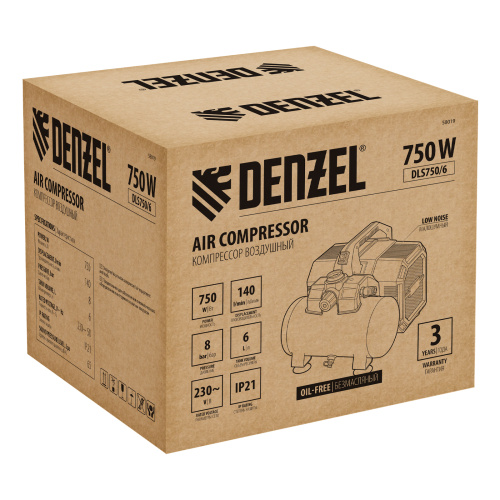 Компрессор  DLS750/6 безмасляный малошумный 750 Вт, 140 л/мин,ресивер 6 л Denzel по ценам производителя в Москве с доставкой по всей России