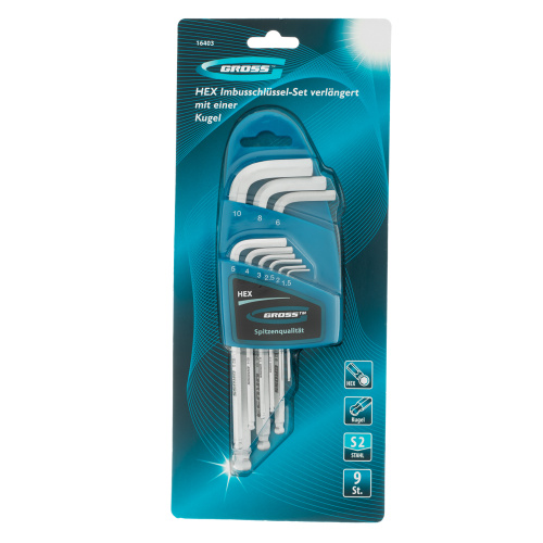 Набор ключей имбусовых HEX, 1.5-10 мм, S2, 9 шт, удлиненные с шаром, сатинированные Gross по ценам производителя в Москве с доставкой по всей России