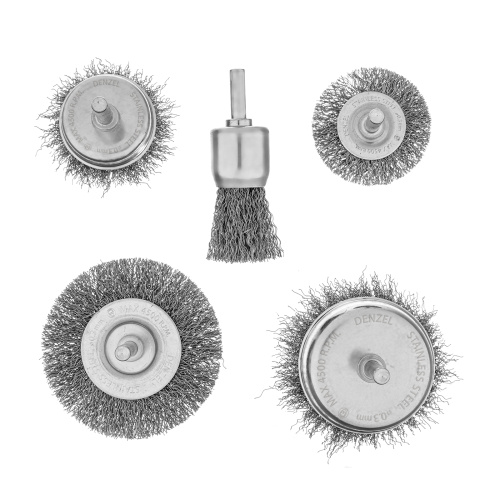 Набор щеток для дрели, 2 Плоские 50-75мм, 3 Чашки 25-50-75мм, шпилька,  нерж.вит. проволока Denzel по ценам производителя в Москве с доставкой по всей России