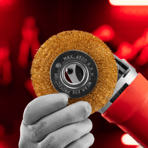 Щетка для УШМ, 100 мм, посадка 22.2 мм, плоская, латунированная витая проволока Matrix по ценам производителя в Москве с доставкой по всей России