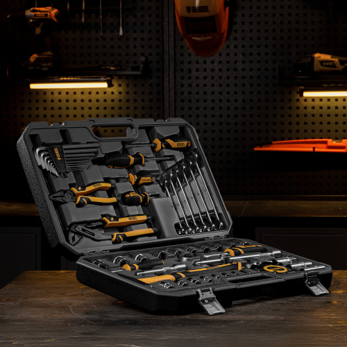 Набор инструментов, 1/2", 1/4", CrV, S2, пластиковый кейс, 64 предмета Denzel по ценам производителя в Москве с доставкой по всей России